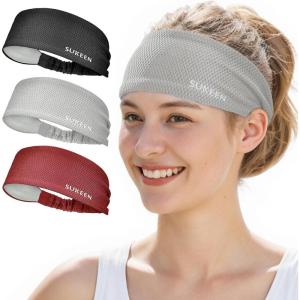 imageSukeen Workout Headbands for Women Moisture Wicking Sweat Band Headbands Non Slip Elastic Sweatbands Sports Headband for Yoga Running Gym FitnessBlackGrayRed