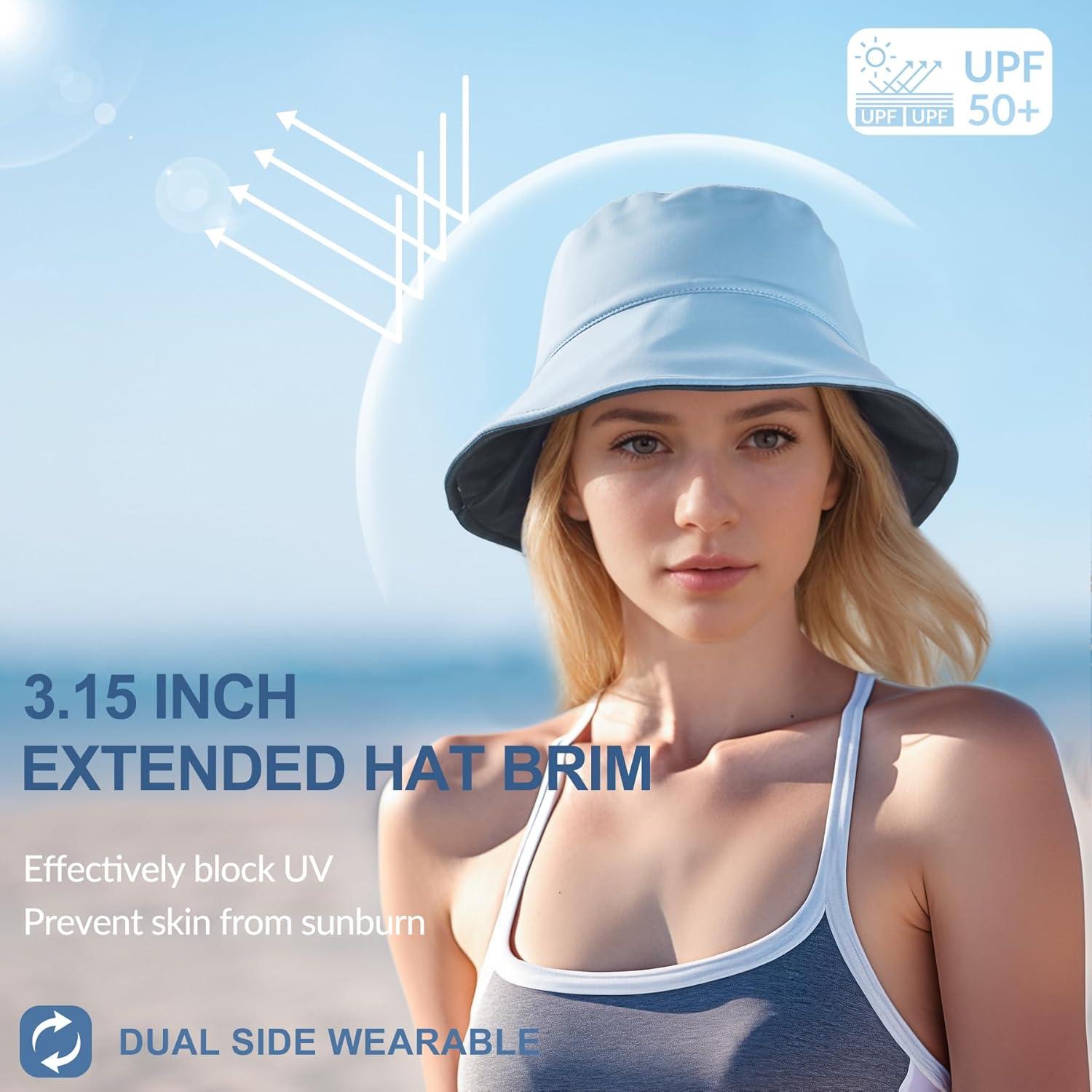 imageSukeen Bucket Hat for Women Men Summer Beach Sun Hat Reversible Packable Adjustable UPF50 Cooling Hat for Hiking FishingLight BlueBlack
