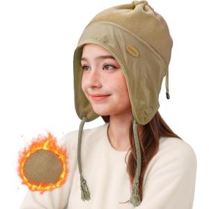 imageSukeen Kids Winter Beanie Hat for Girls Boys Antistatic Kids Warm Earflap Hat Polar Fleece Peruvian Inner Hat for OutdoorKhaki Beige