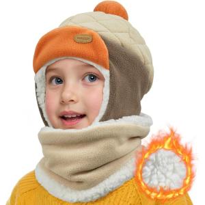 imageSukeen Kids Winter Hat Scarf Set for Girls Boys Antistatic kids Warm Hat Antipilling Earflap Hat for Cold WeatherBeigekhaki