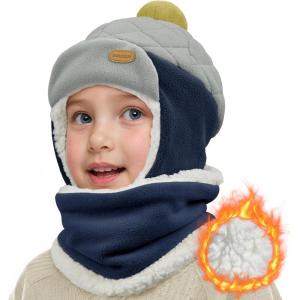 imageSukeen Kids Winter Hat Scarf Set for Girls Boys Antistatic kids Warm Hat Antipilling Earflap Hat for Cold WeatherLight Graynavy Blue