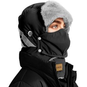 imageSukeen Trapper Hats Windproof Winter Hat Water Repellent Warm Hat Lightweight Earflap Hat with Mask for Cold Snow WeatherBlack