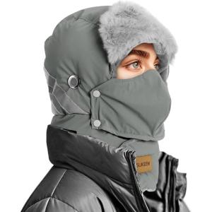 imageSukeen Trapper Hats Windproof Winter Hat Water Repellent Warm Hat Lightweight Earflap Hat with Mask for Cold Snow WeatherGrey
