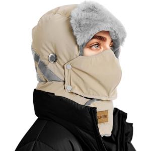 imageSukeen Trapper Hats Windproof Winter Hat Water Repellent Warm Hat Lightweight Earflap Hat with Mask for Cold Snow WeatherKhaki