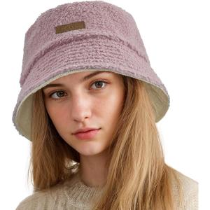 imageSukeen Winter Bucket Hat for Women Men Double Side Wear Warm Hat Faux Fur Plush Winter Hat Trendy Fisherman Cap for DailyPinkbeige