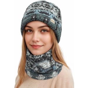 imageSukeen Womens Winter Beanie Hat Scarf Set Elastic Snow Skull Cap Prints Warm Soft Hat for Cold WeatherBlue Gray