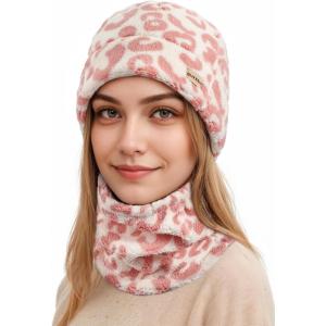 imageSukeen Womens Winter Beanie Hat Scarf Set Elastic Snow Skull Cap Prints Warm Soft Hat for Cold WeatherPink Leopard