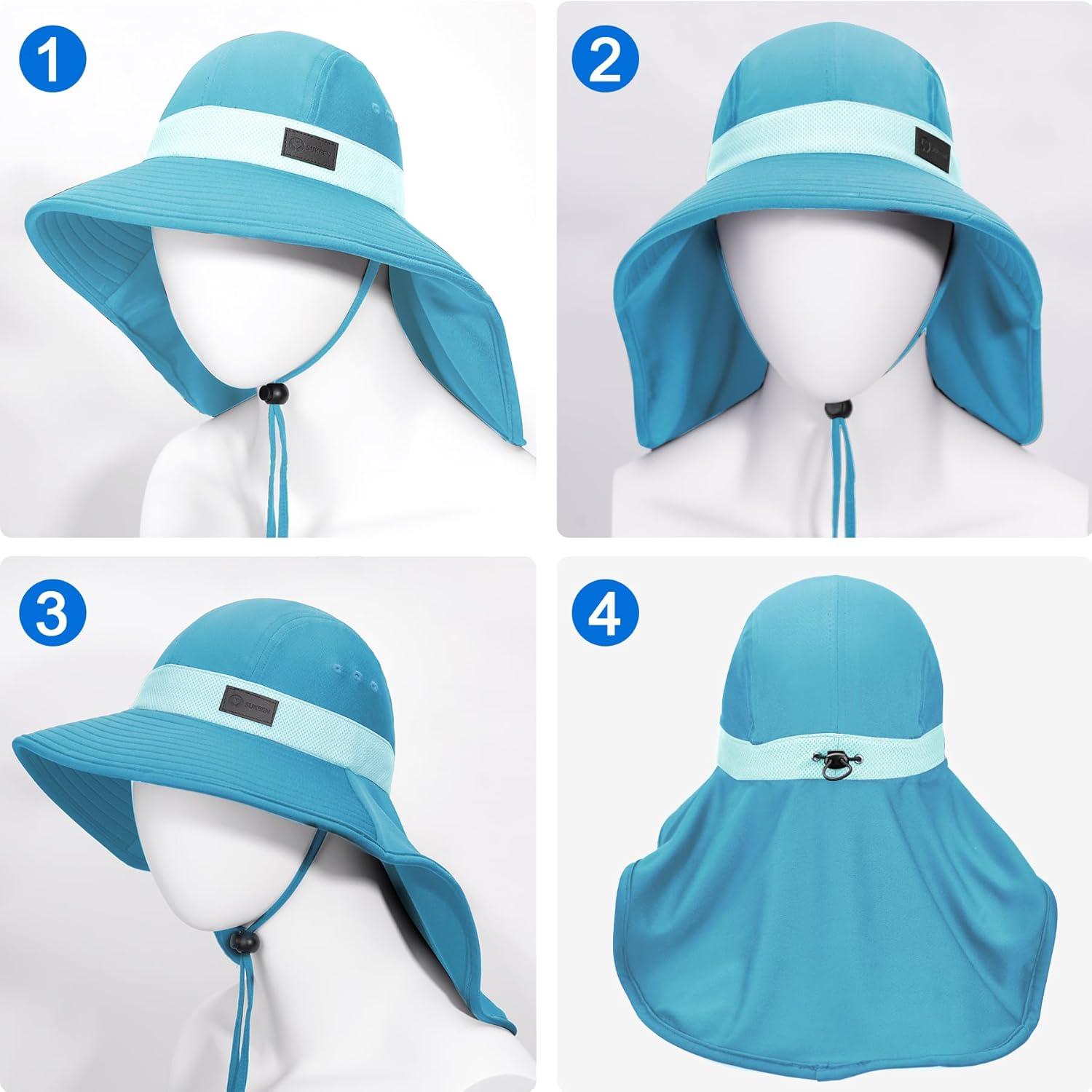 imageSukeen Cooling Sun Hat for Men Women UPF50 Wide Brim Fishing Hat with Neck Flap Adjustable Foldable Bucket Hat for HikingLight Blue