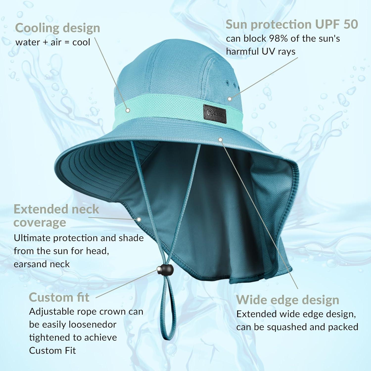 imageSukeen Cooling Sun Hat for Men Women UPF50 Wide Brim Fishing Hat with Neck Flap Adjustable Foldable Bucket Hat for HikingLight Blue