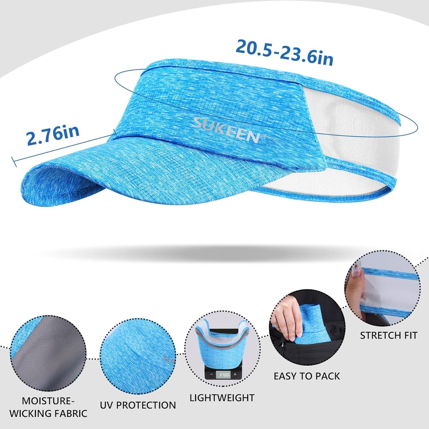 imageSukeen Sports Sun Visor Men Women Lightweight Portable Cooling Stretchy Visor Hat for Running Golf Daily WearLight Blue