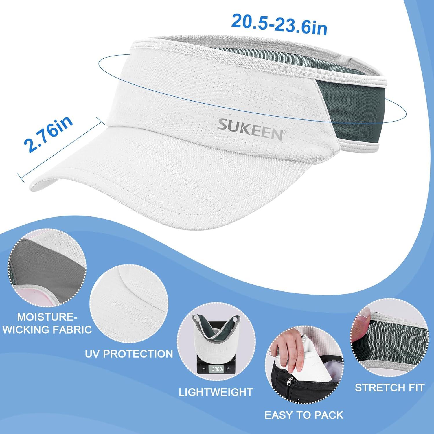 imageSukeen Sports Sun Visor Men Women Lightweight Portable Cooling Stretchy Visor Hat for Running Golf Daily WearWhiteGrey