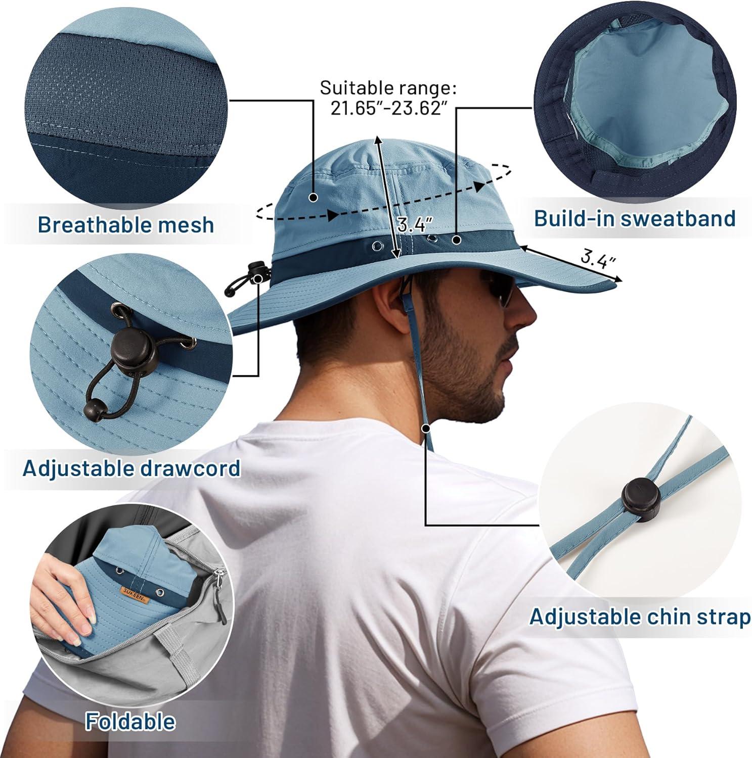 imageSukeen Wide Brim Sun Hats for Men Women Lightweight Fishing Hat UPF50 Foldable Bucket hat for Fishing Hiking BeachAzure