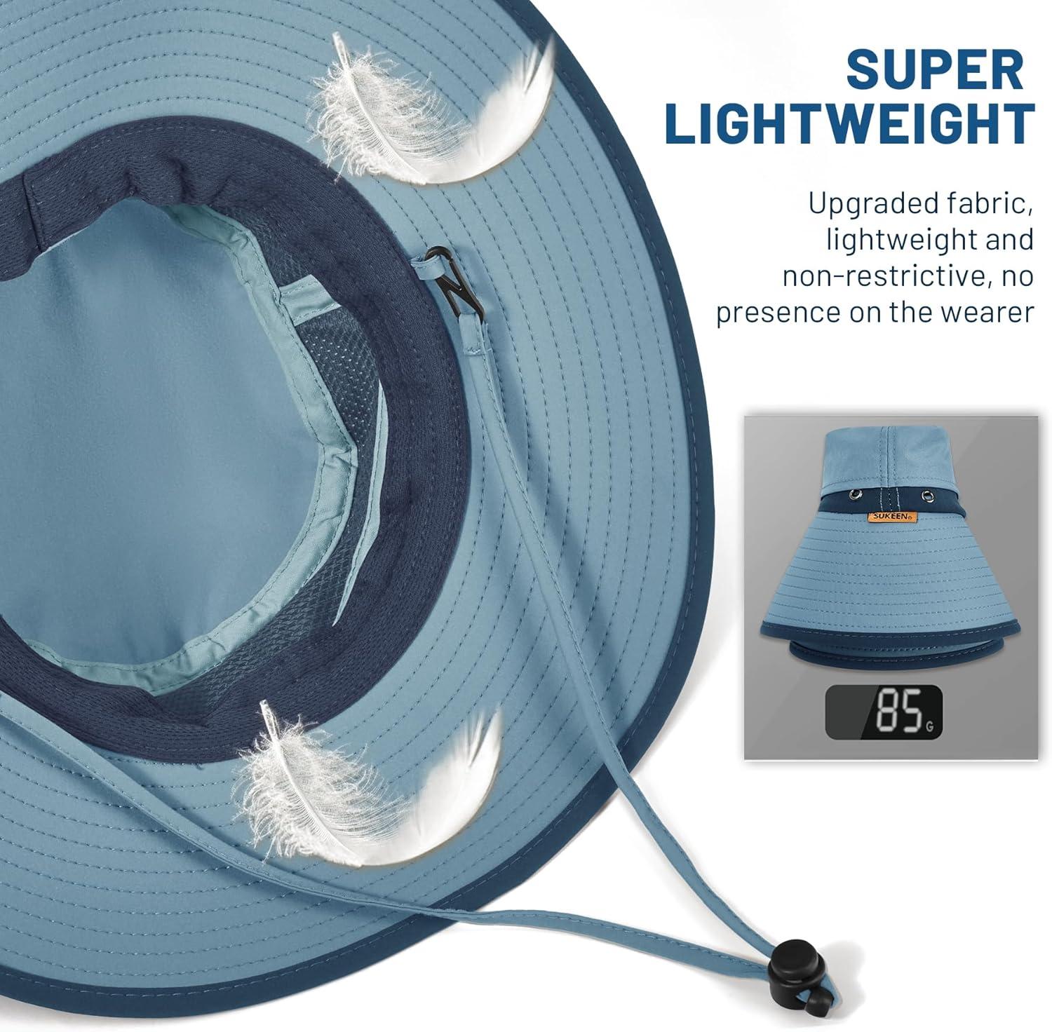 imageSukeen Wide Brim Sun Hats for Men Women Lightweight Fishing Hat UPF50 Foldable Bucket hat for Fishing Hiking BeachAzure