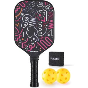 imageSukeen Carbon Fiber Pickleball Paddle Carbon Fiber Surface Pickleball Paddle with Large Sweet Spot 55quot Elongated Handle Pickleball RacketRed 13MM