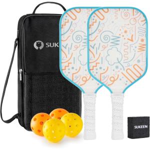 imageSukeen Pickleball Paddles Set of 2 Frosted Cloth Texture Surface Pickleball Paddle Pickleball Set13mm Fiberglass Pickle Ball Rackets 2 Pack Elongated Handle 4 Balls Eraser Sky Blue
