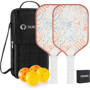 imageSukeen Pickleball Paddles Set of 2 Frosted Cloth Texture Surface Pickleball Paddle Pickleball Set13mm Fiberglass Pickle Ball Rackets 2 Pack Elongated Handle 4 Balls Eraser Brown