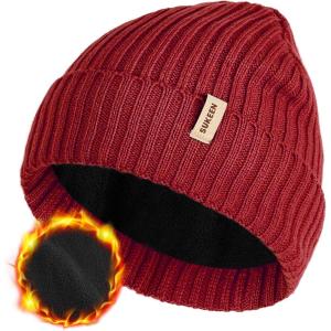 imageSukeen Winter Beanie for Men Women Fleece Lined Soft Warm Winter Hat Waterproof Cuffed Skull Cap for Cold WeatherWine Red