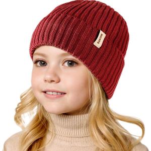 imageSukkeen Kids Winter Beanie Hat for Girls ampamp Boys  Warm Knitted Hat Age 310 Seepage Proof Skull Cap for Daily Outdoor UseWine Red