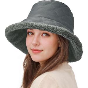 imageSukeen Fuzzy Bucket Hat for Women Wide Brim Faux Fur Winter Warm Hat Fluffy Teddy Sherpa Fisherman Cap for LadyGrey