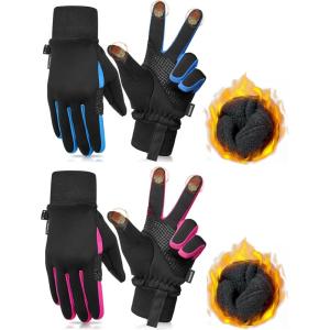 imageSukeen Kids Winter Gloves 2 Pack Soft Warm Gloves AntiSlip Touchscreen Gloves for Kids Windproof Kids Gloves Winter for Boys Girls Winter Gloves Kids Sports Running Cycling Blue M Red L