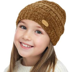 imageSukeen Kids Winter Hat Chenille Knit Beanie Hat with Lined for Girls Boys Toddlers Ages 38 Warm Skull Caps for OurdoorBrown