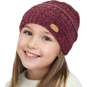 imageSukeen Kids Winter Hat Chenille Knit Beanie Hat with Lined for Girls Boys Toddlers Ages 38 Warm Skull Caps for OurdoorWine Red