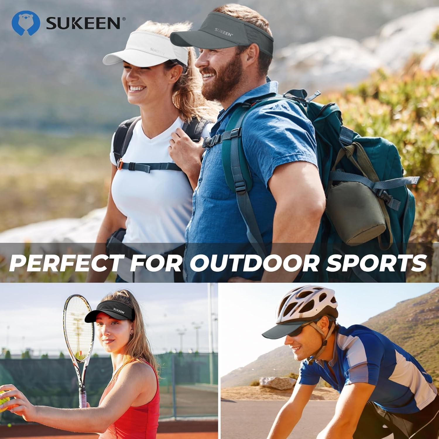 imageSukeen 3 Pack Sports Sun Visor Men Women Lightweight Packable Cooling Stretchy Visor Hat for Running Tennis GolfBlackWhiteGrey