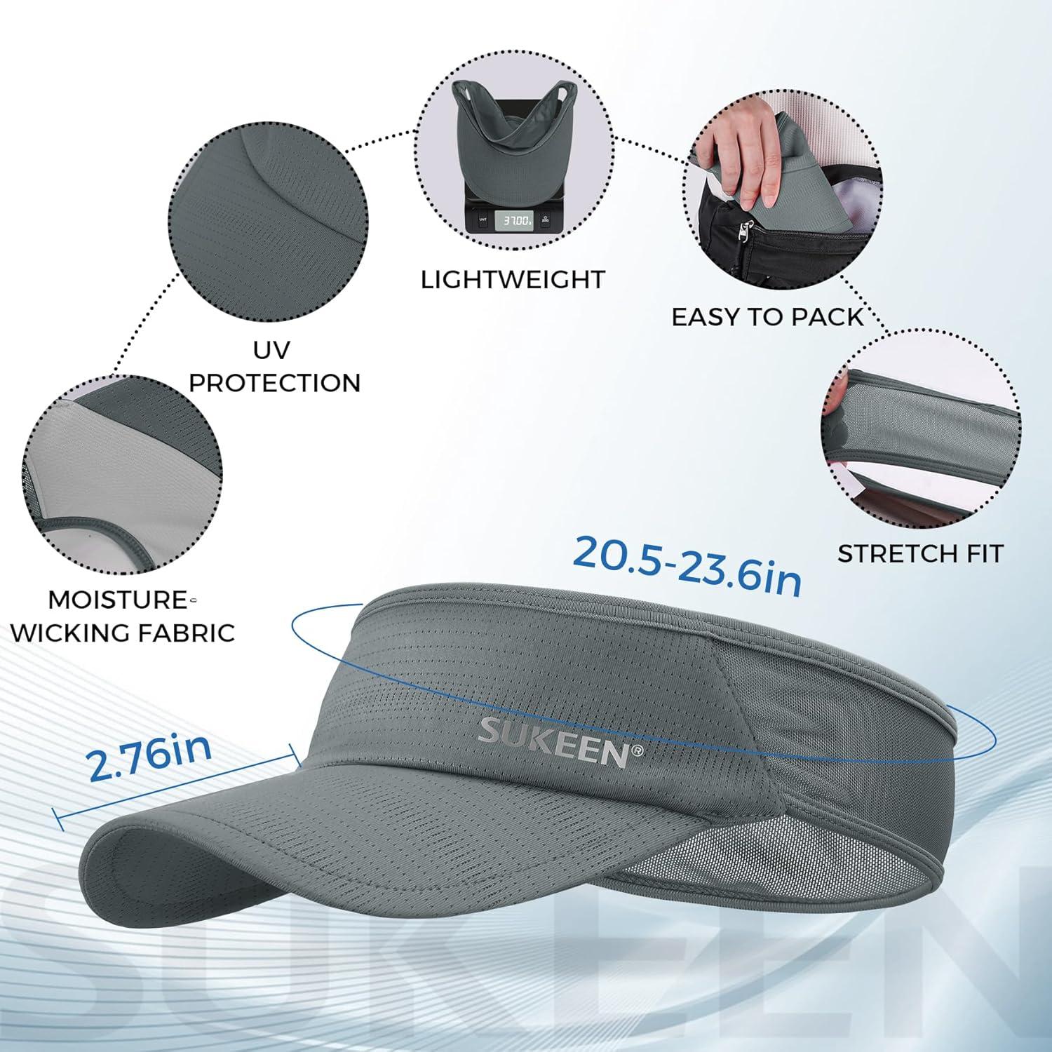 imageSukeen 3 Pack Sports Sun Visor Men Women Lightweight Packable Cooling Stretchy Visor Hat for Running Tennis GolfBlackWhiteGrey