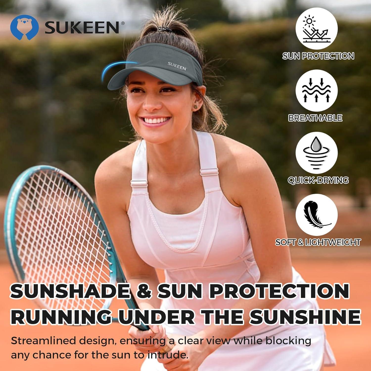 imageSukeen 3 Pack Sports Sun Visor Men Women Lightweight Packable Cooling Stretchy Visor Hat for Running Tennis GolfBlackWhiteGrey