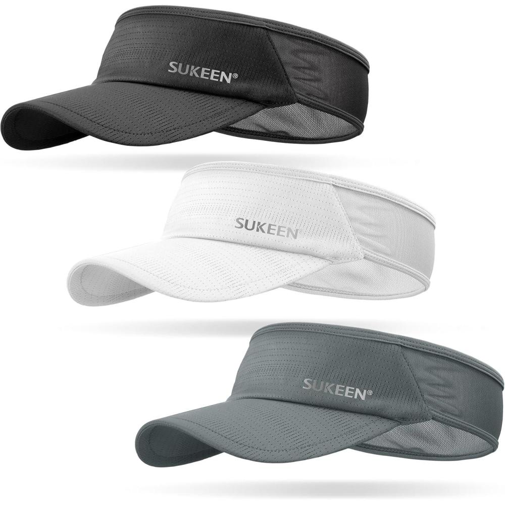 imageSukeen 3 Pack Sports Sun Visor Men Women Lightweight Packable Cooling Stretchy Visor Hat for Running Tennis GolfBlackWhiteGrey