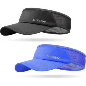 imageSukeen 2 Pack Sports Sun Visor Men Women Lightweight Packable Cooling Stretchy Visor Hat for Running Tennis GolfBlackBlue
