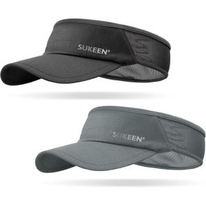 imageSukeen 2 Pack Sports Sun Visor Men Women Lightweight Packable Cooling Stretchy Visor Hat for Running Tennis GolfBlackGrey