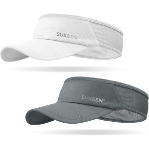 imageSukeen 2 Pack Sports Sun Visor Men Women Lightweight Packable Cooling Stretchy Visor Hat for Running Tennis GolfWhiteGrey