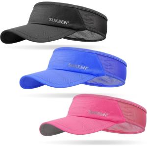 imageSukeen 3 Pack Sports Sun Visor Men Women Lightweight Packable Cooling Stretchy Visor Hat for Running Tennis GolfBlackBlueRose Red