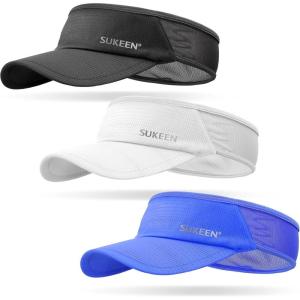 imageSukeen 3 Pack Sports Sun Visor Men Women Lightweight Packable Cooling Stretchy Visor Hat for Running Tennis GolfBlackWhiteBlue