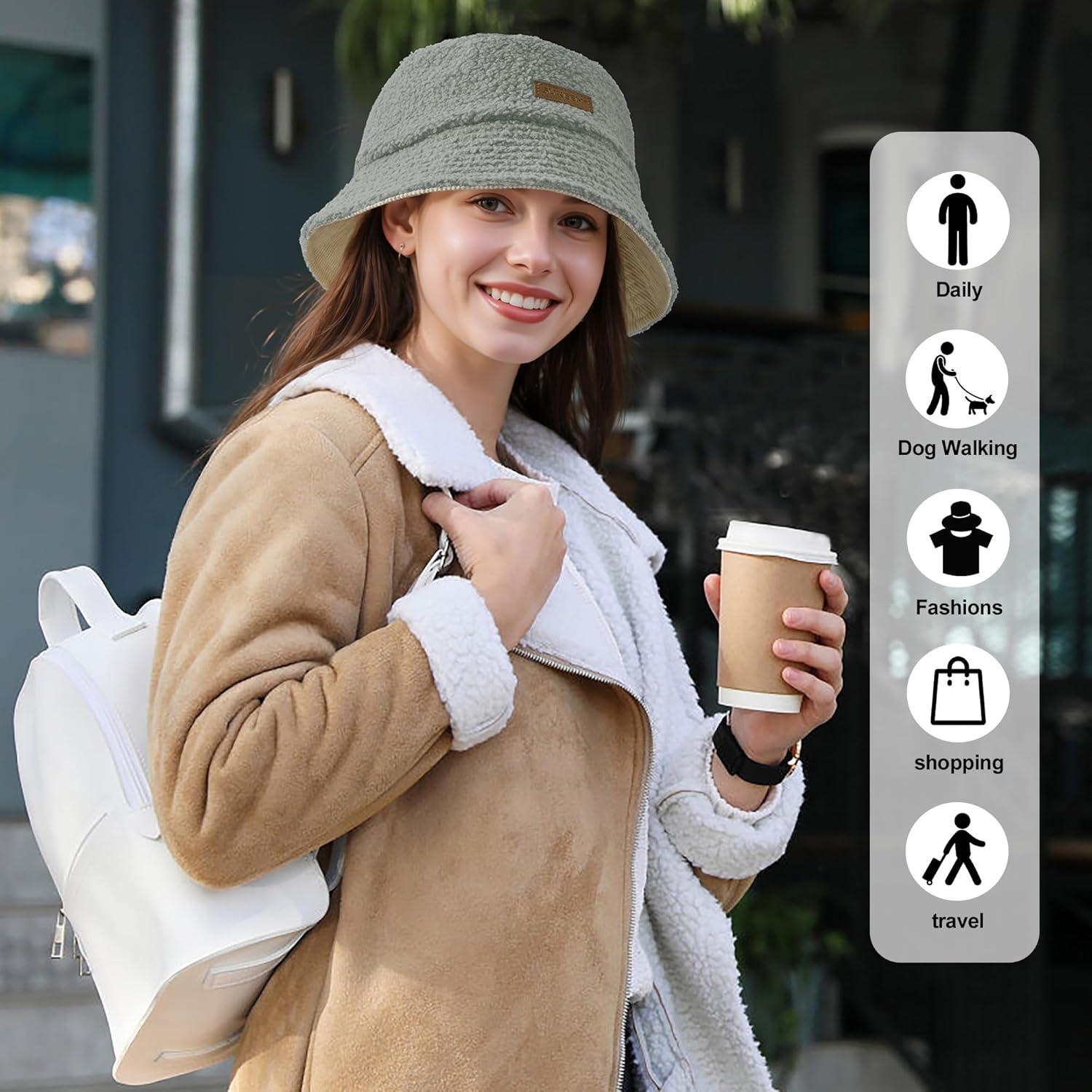 imageSukeen Womens Winter Bucket Hats Faux Fur Fuzzy Warm Fisherman Hat for Trendy DailyGrey