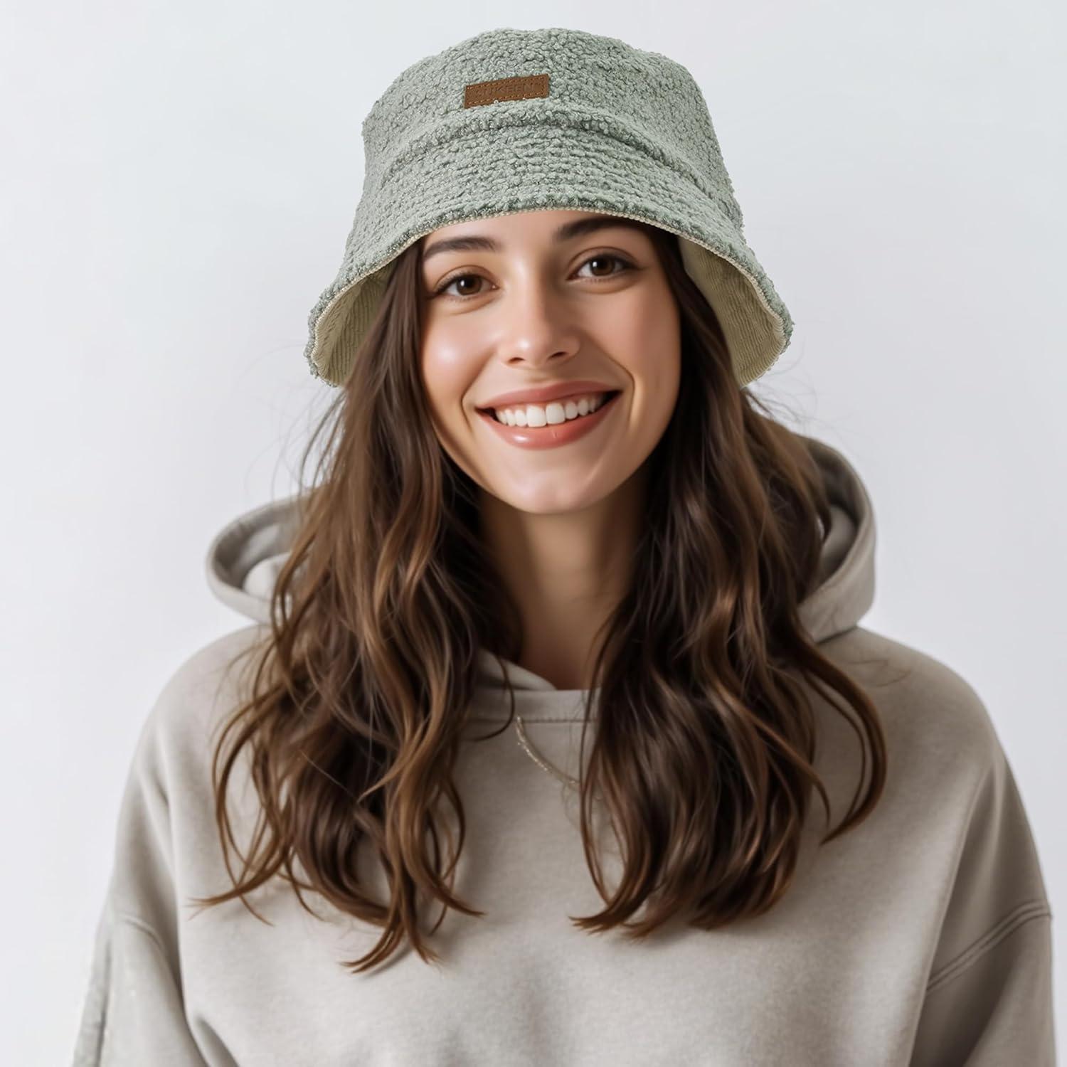 imageSukeen Womens Winter Bucket Hats Faux Fur Fuzzy Warm Fisherman Hat for Trendy DailyGrey