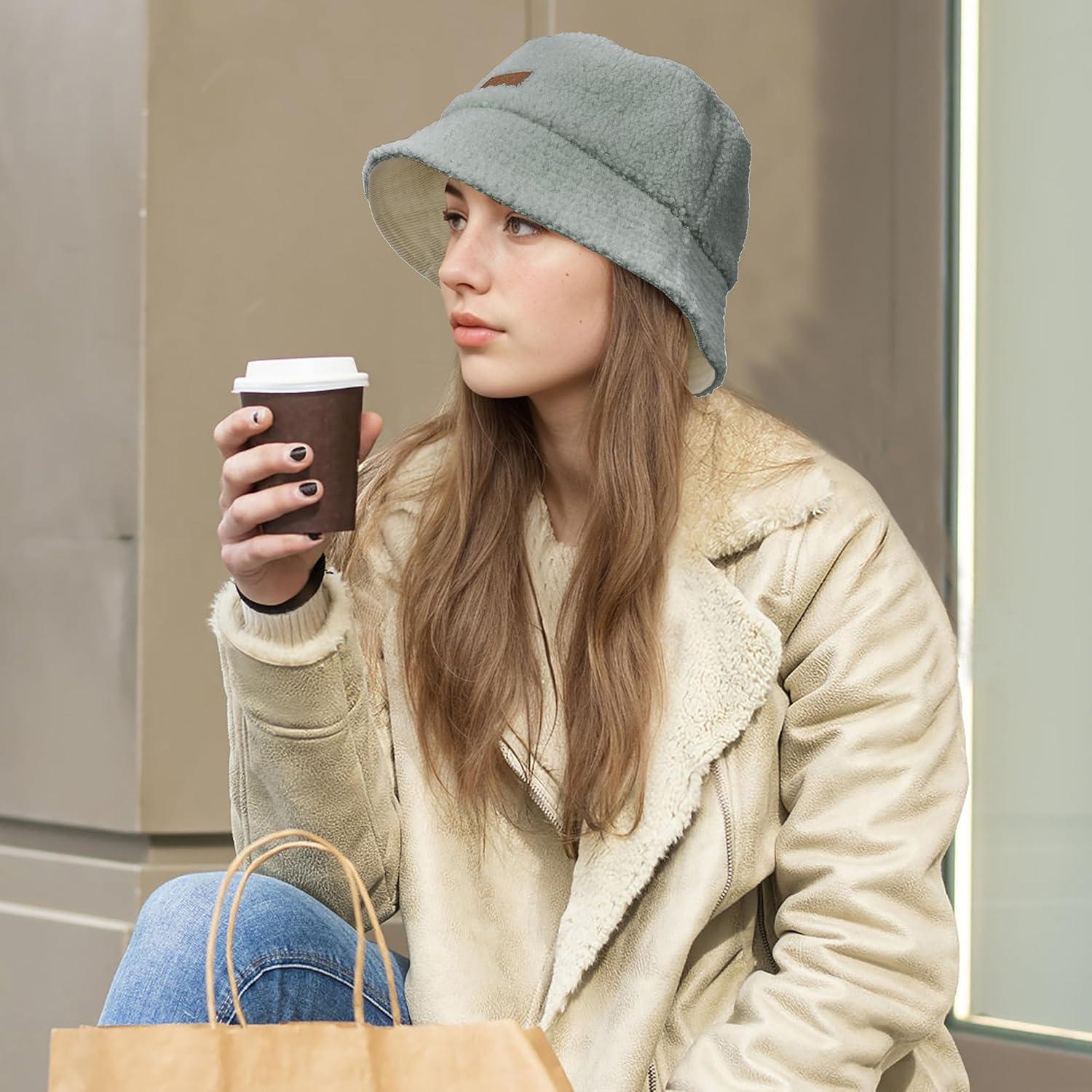 imageSukeen Womens Winter Bucket Hats Faux Fur Fuzzy Warm Fisherman Hat for Trendy DailyGrey