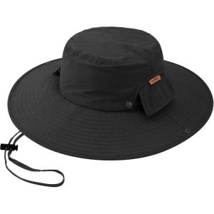 imageSukeen Mens Sun Hat Wide Brim Breathable UPF50 Waterproof Fishing Hat Removable Hat Top Boonie Hat for Hiking Garden Safari Black