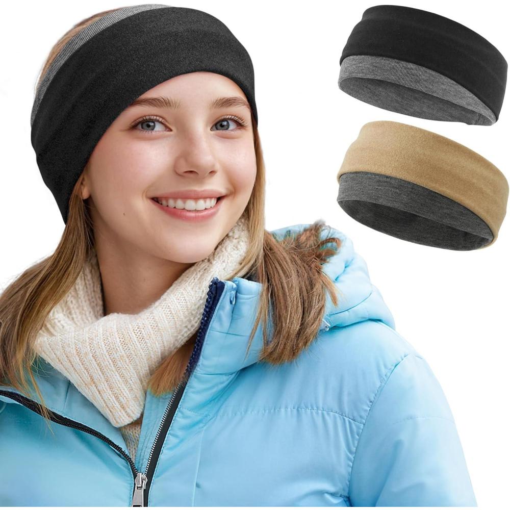 imageSukeen Ear Warmer Headband for Women DoubleLayer Warm Winter Headbands for Women Ear Muffs for Running Cycling Sportsz Black Beige  2 pack