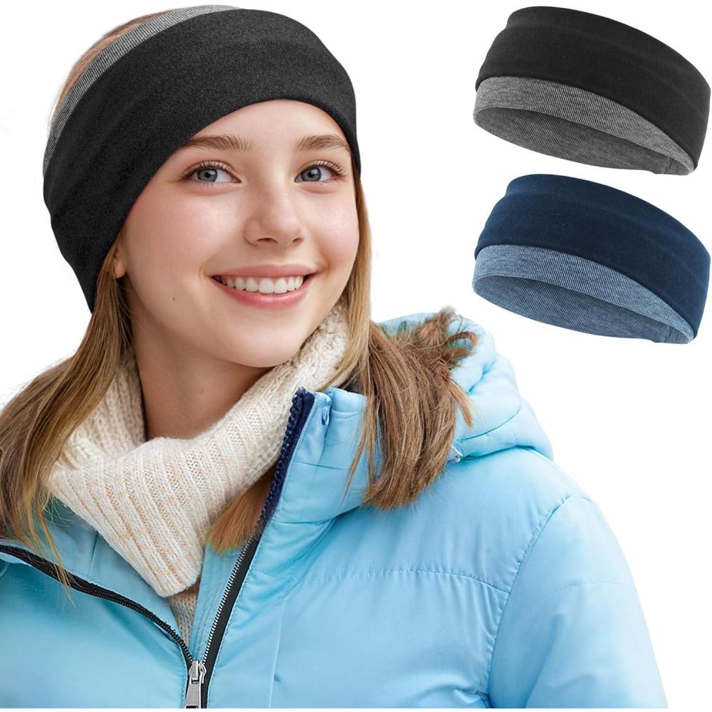 imageSukeen Ear Warmer Headband for Women DoubleLayer Warm Winter Headbands for Women Ear Muffs for Running Cycling Sportsz Black Blue  2 pack