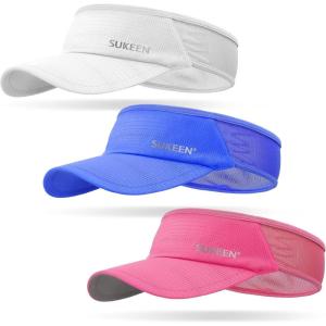 image:imageSukeen 3 Pack Sports Sun Visor Men Women Lightweight Packable Cooling Stretchy Visor Hat for Running Tennis GolfWhiteBlueRose Red